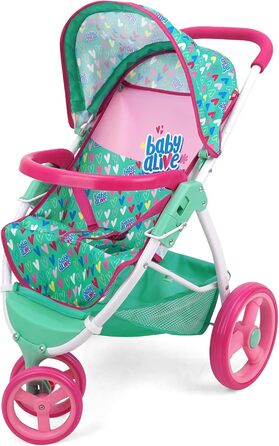 Лялькова коляска для бігу, зелена, рожева, сердечка, аксесуари для ляльок до 61 см, складна конструкція, висувний балдахін, для зб