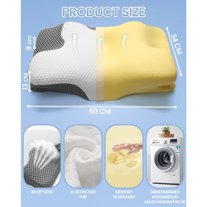 Подушка для шиї, подушка з піни з ефектом пам&39яті, ергономічна ортопедична подушка, 2 висоти для сну, зручна подушка для сну на боці, спині та животі, сіра