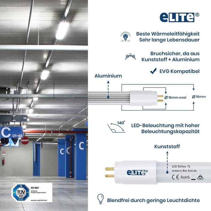 Світлодіодна трубка eLITe T5, 51,7 см, 7 Вт, дуже яскрава, 720 лм, 840, 4000 кельвінів, універсальний білий, ТІЛЬКИ ДЛЯ EVG, 140 градусів, однорідне світло, довговічність 50 000 год, гарантія 3 роки