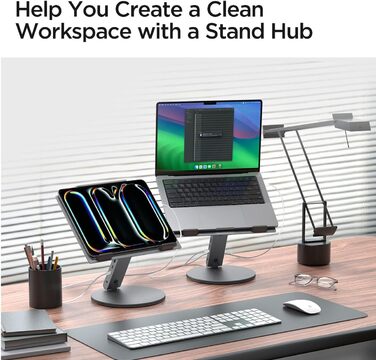 В-1 Підставка для ноутбука з док-станцією (в комплекті кабель USB-C USB-C). Ергономічна, з портами USB-A/C та HDMI 4K 60Hz для MacBook, iPad Pro, Air, Neo A16, M2, M3, M4, M5 та ноутбуків до 15,6, 6-