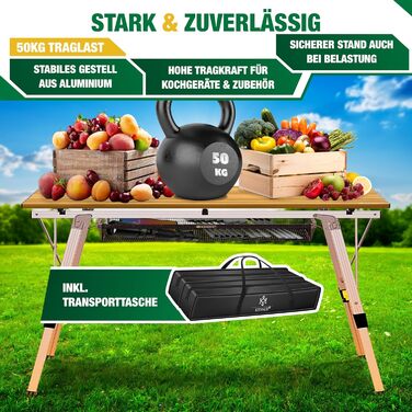 Складаний кемпінговий стіл KESSER з алюмінієвим каркасом, зсувна стільниця, регульована висота, 120x70 см - витримує до 100 кг, в комплекті сумка для перенесення з ремінцем та сітчастою кишенею, під дерево, 120 см x 70 см