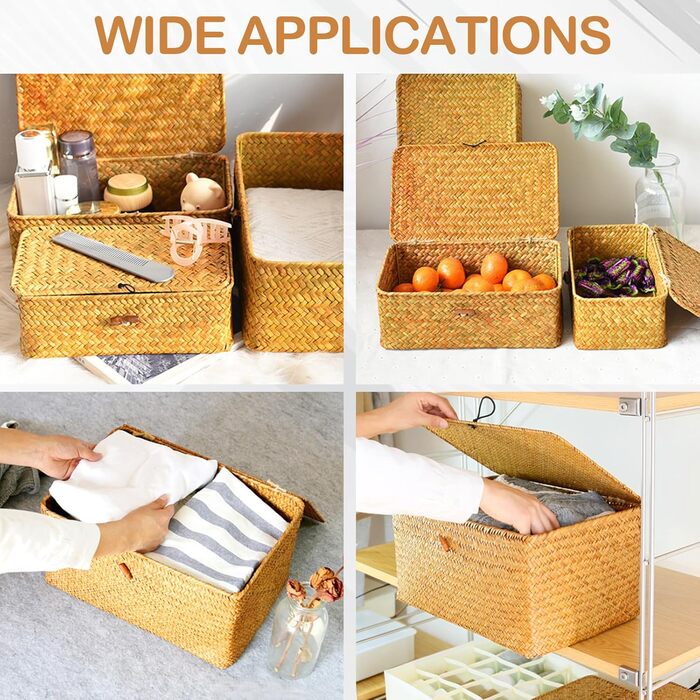 Кошики для зберігання речей, комплект кошиків з ротанга з 3 предметів з кришками, плетені кошики для подарунків, багатофункціональні кошики з морської трави, органайзери для косметики для ванної кімнати, вітальні, кухні