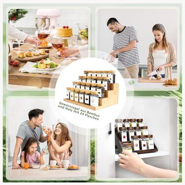 Квадратні банки для спецій з бамбуковою підставкою для спецій 2-в-1 (FCM) 24 банки для спецій по 120 мл, набір підставок та банок для спецій, 120 етикеток, компактний кухонний органайзер SAEIV-Bois massif bambou-24X120ml