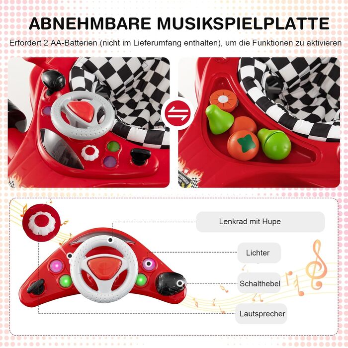 Складані дитячі ходунки, дизайн гоночного автомобіля, з 3 регульованими висотами, знімним музичним підносом та сидінням, допоміжний пристрій для ходьби для малюків 6-14 місяців (червоні)