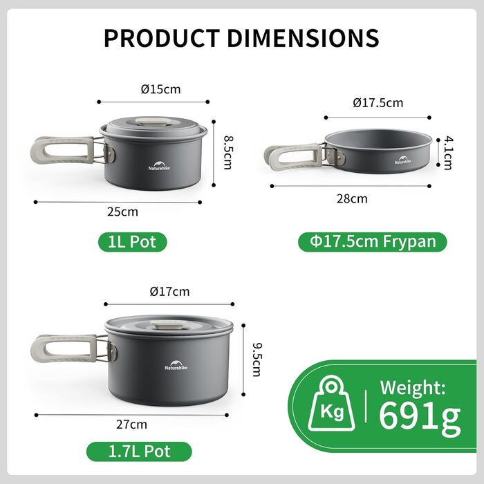 Набір посуду для кемпінгу Naturehike, каструля для 2-7 осіб, для кемпінгу, походів на свіжому повітрі, пікніків, барбекю (2-4 особи)