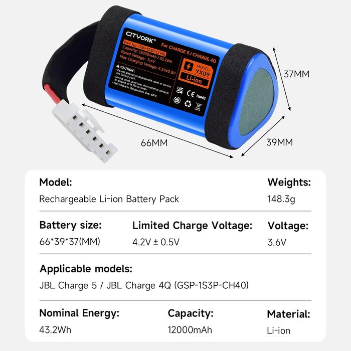 Замінний акумулятор 3,6 В/12000 мАг для JBL Charge 5, для бездротової Bluetooth-колонки JBL Charge 5, артикул GSP-1S3P-CH40 GSP-1S3P-CH4A Акумулятор GSP-1S3P-CH4D (не сумісний з JBL Charge 4)