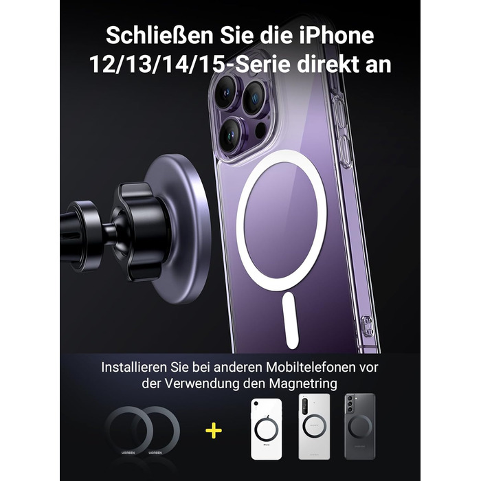 Тримач для мобільного телефону автомобільний магніт з металевим кільцем сумісний з MagSafe iPhone 16/15/14/13 Pro Max та всіма сма