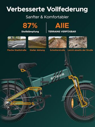 Чоловічий складний електричний велосипед ENGWE E Bike з 20x4.0-дюймовими жировими шинами, знімним акумулятором на 16 Ач, великий запас ходу до 150 км / 110 км, повна підвіска, 8-швидкісний, ENGINE Pro / ENGINE Pro 2.0 гірсько-зелений ENGINE Pro 2.0