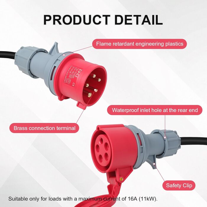 Перехідник CEE з вилки 32A на розетку 16A, високострумовий адаптер із захисною кришкою, 3 фази, 5 контактів, 50 см, водонепроникний IP44, підходить для промислового та побутового використання (32-16)
