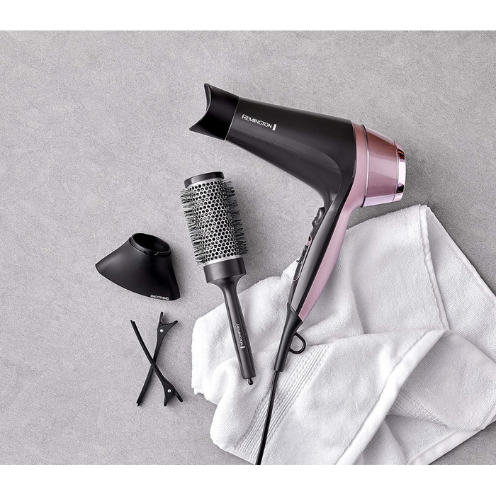 Фен для волосся Remington Curl-Straight з іонізацією (2200 Вт, 3 насадки конічна, для локонів та дифузор, кругла щітка 45 мм, затискачі, 3 рівні температури та 2 рівні обдуву) D5707, чорний