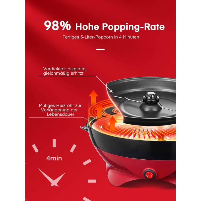 Машина для попкорну FOHERE, 5.5-літрова машина для дому, машина для попкорну з цукром, олією, маслом, антипригарним покриттям і знімною нагрівальною поверхнею, тиша та швидкість, велика кришка як миска для подачі червона