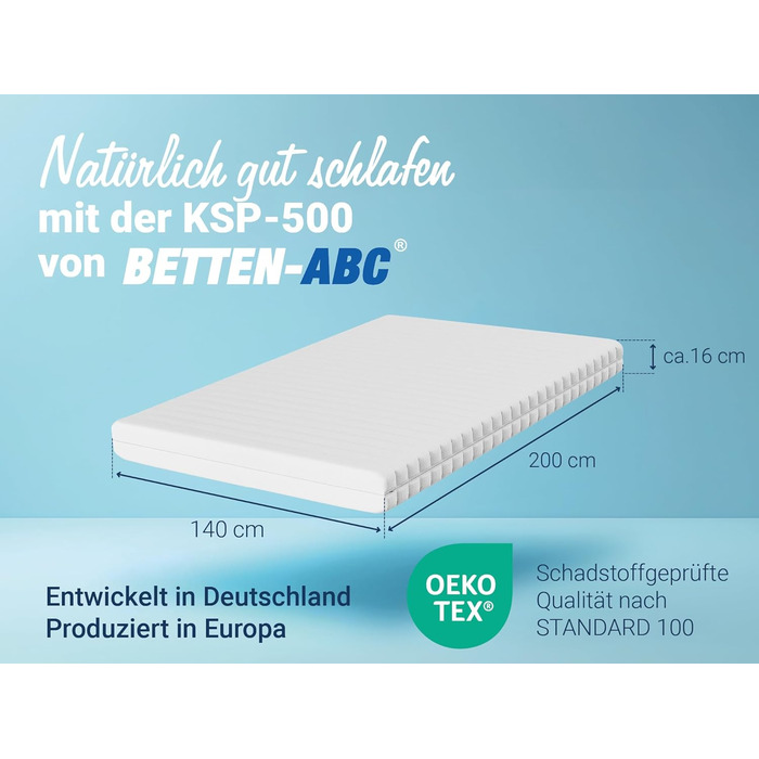 Ліжка ABC - Матрац (KSP-500) - 140x200 см (H4) - 7-зонний матрац з холодної піни - Гіпоалергенний та антибактеріальний - Сертифіковано Oeko-TEX - Знімний чохол, який можна прати - Доставка посилкою