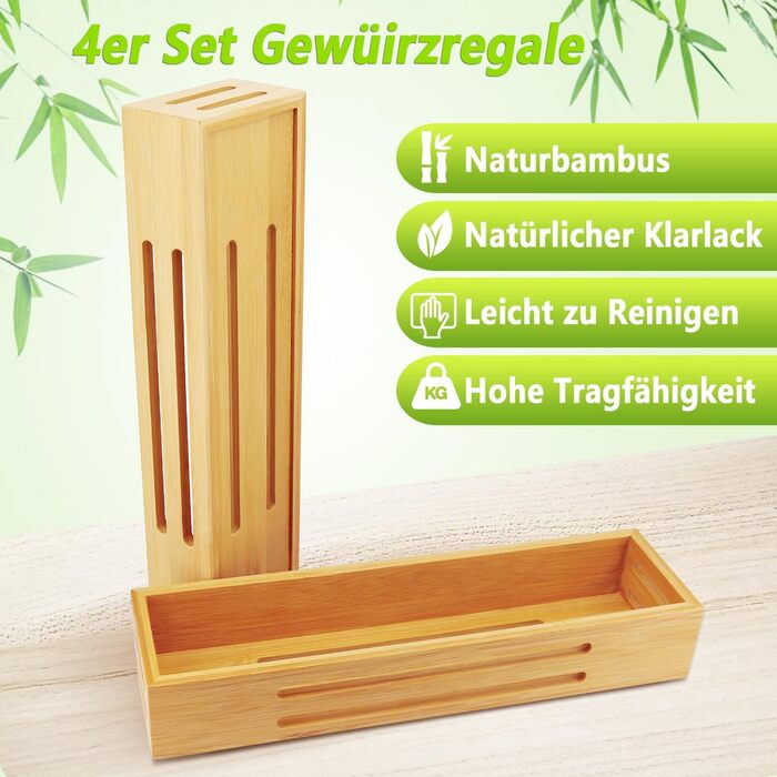 Бамбукова підставка для спецій, не потребує свердління, настінна підставка для спецій з 4 предметів, тримач для спецій можна використовувати на дверцятах шаф або холодильників, стояти або підвішувати, кріплення самоклеїться або з просвердлюванням