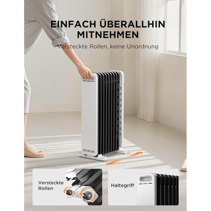 Масляний радіатор Midea, портативний електричний обігрівач потужністю 2000 Вт з 9 ребрами, поворотною ручкою керування та регульованим термостатом, 3 режими нагріву, захист від перекидання та перегріву, надзвичайно тихий для офісу та дому 9 ребер Поворотн