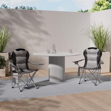 Складаний кемпінговий стілець KESSER, до 150 кг, Рибальський стілець, Складаний стілець, М&39який з підлокітниками, Висока спинка, Пляжний стілець, Складаний табурет, включаючи кемпінговий ліхтарик, Підставка для напоїв, Сумка та чашка, Сірий/Чорний