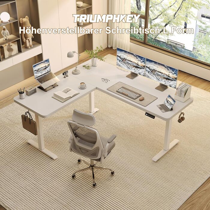 Г-подібний стіл з регульованою висотою, електричним керуванням та 3 налаштуваннями пам&39яті, кутовий стіл 160 x 140 см з органайзером для кабелів та гачками, ергономічний комп&39ютерний стіл, білий, 160 x 140 см