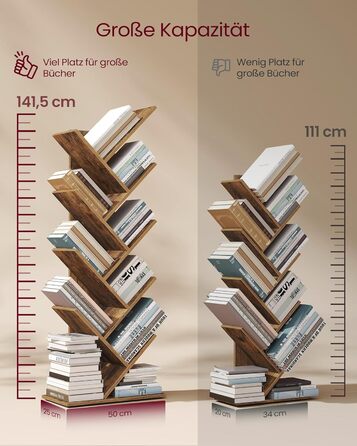 Книжкова полиця VASAGLE у формі дерева, 9-ярусна окремостояча полиця, компактна кутова полиця, полиця для зберігання речей у спальні, вітальні, домашньому офісі, вінтажний коричневий колір LBC11BX 9 ярусів (25 Г x 50 Ш x 141,5 В см) вінтажний коричневий к