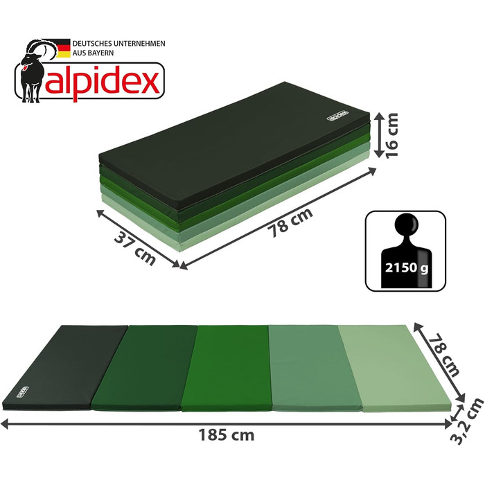 Складаний гімнастичний килимок ALPIDEX, килимок для м&39якої посадки, 185 x 78 x 3,2 см, килимок для вправ для домашнього використання, для дітей та дорослих, зелений