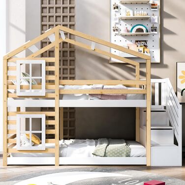 Дитяче ліжко Kehun Двоярусне ліжко 90 x 200, Ліжко-будиночок для 2 дітей, Ліжко-горище з дерев&39яною рейковою основою, Дерев&39яне ліжко з шухлядою та вікном, Ліжко-будиночок на дереві із захистом від падіння та сходами, Натуральний та білий, Без матраца