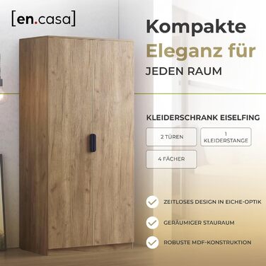 Шафа Eiselfing, 2-дверна шафа, 176 x 80 x 52 см, Шафа для спальні, 1 вішалка для одягу, 4 полиці, під дуб, дуб, 176 x 80 x 52 см - 4 полиці