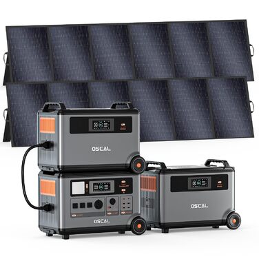 Система живлення OSCAL PowerMax 6000 Ultimate подвійна акумуляторна станція потужністю 10,8 кВтгод з вихідною потужністю 6000 Вт, 2 сонячні панелі по 500 Вт (1000 Вт), сонячний генератор для аварійного живлення побутових приміщень та надзвичайних ситуацій