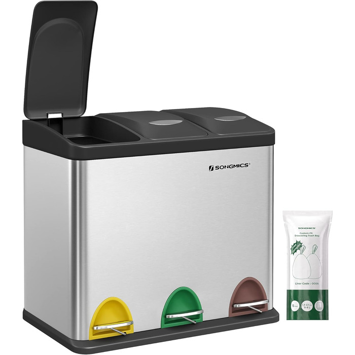 Відро для сміття кухонне, 3 x 8 л, невелика місткість, система розділення відходів 3 відділення, відро для сміття з кришкою, стале