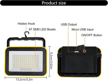 Багатофункціональний світлодіодний будівельний ліхтар із водонепроникним класом захисту IPX4 та акумулятором ємністю 2000 мАг для застосування на вулиці та всередині приміщень. Портативний будівельний ліхтар.