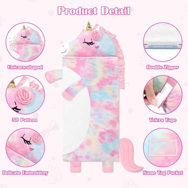 Дитячий спальний мішок зі знімною подушкою, теплий та пухнастий дизайн у формі слона, подвійна блискавка для дівчаток та хлопчиків, складний великий спальний мішок-ковдра для кемпінгу в приміщенні та на свіжому повітрі, єдиноріг 170x70 см