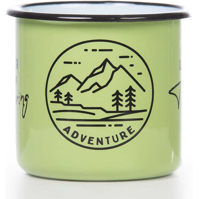 Емальована кружка MUGSY, Ніколи не припиняйте досліджувати, 330 мл, Мотив природи та приказка, Емальована чашка, Стійка до ударів, Зелена