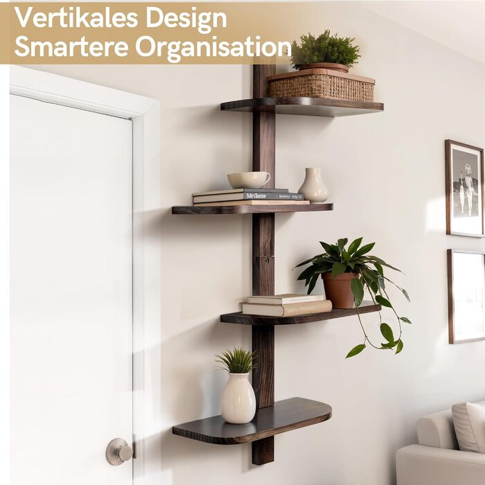 Настінна полиця Afily Vintage Wooden Wall Shelf, 4 рівні вертикальна плаваюча полиця коричневого кольору із закругленими кутами, компактна підвісна полиця з масиву дерева, настінний декор для ванної кімнати, кухні, вітальні