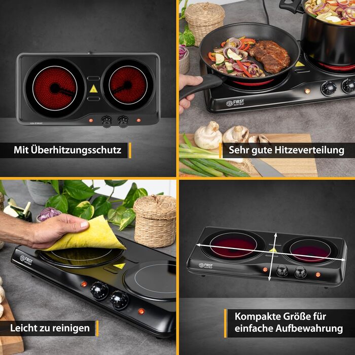 Перша в Австрії інфрачервона керамічна плита подвійна ВСІ види горщиків Подвійна конфорка 19см / 16,5см Варильна поверхня для переїзду, кемпінгу, дачного будинку - швидкий нагрів і плавне регулювання подвійний чорний