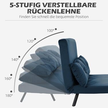 Диван-ліжко HOMCOM 4-в-1, 2-місний диван з функцією сну, 183 x 98,5 см, розкладне крісло-ліжко з 5-позиційною регульованою спинкою, підлокітником, поперековою подушкою, оксамитовий вигляд для вітальні, синій, 102Д x 73Ш x 81В см, тканина під оксамит