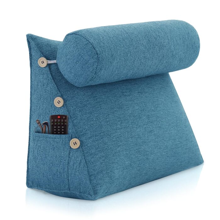 Клиноподібна подушка для читання для ліжка, регульована декоративна подушка для читання, трикутна подушка, клиноподібна подушка для дивана для поперекового відділу хребта, подушка для підтримки шиї та спини зі знімним лляним чохлом, синя, 60 см