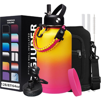 Пляшка для води з нержавіючої сталі об'ємом 1,8 л - з паракордовою ручкою, соломинкою та кришкою з автоматичним відкриванням, напл