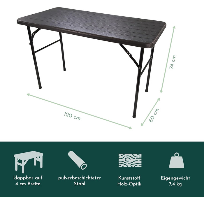 Розкладний стіл Lemodo зі стільницею під дерево, розкладний балконний стіл 120 x 60 см (Д x Ш), водонепроникний садовий стіл, чорний пластиковий стіл, балконний стіл до 6 осіб, розкладний стіл 120x60