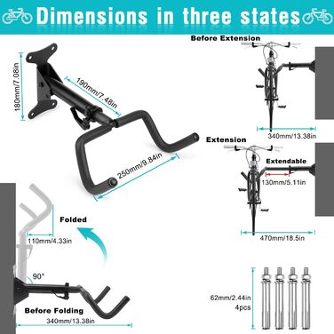 Настінне кріплення для велосипеда Настінна складна підвіска тримача для велосипеда з супер м'якою підкладкою, телескопічна та поворотна, підвіска до 30 кг для електровелосипеда MTB Road Bike