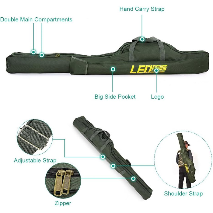 Сумка для риболовлі Lixada 100 / 150 см, багатоцільова складна сумка для вудки, кишені на блискавці, сумка для зберігання, темно-зелена - 150 см