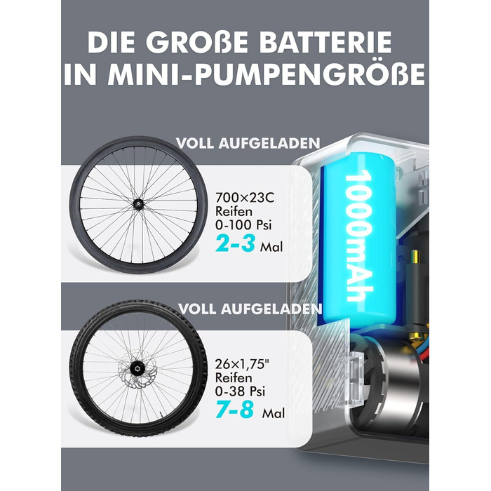 Велосипедний насос GPUTEK, міні-електричний, 71 x 30 x 43 мм, 120 psi, нержавіюча сталь, чорний
