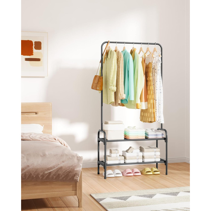 Вішалка для одягу - штанга для одягу з нековзними ніжками, шафа-стійка з 2-рівневим органайзером для взуття, вішалка для одягу для спальні, передпокою, 74 x 30 x 150 см, чорна 74 x 30 x 150 см чорна