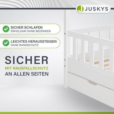 Дитяче ліжко Juskys Marli 90 x 200 см з матрацом, ящиком для ліжка, захисними поручнями, рейковою основою та дахом - Ліжко-будиночок з масиву дерева для дітей - Ліжко білого кольору