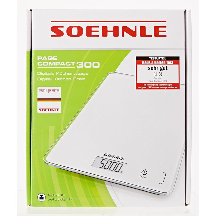 Кухонні ваги Soehnle Page Compact 300 білі, цифрові кухонні ваги до 5 кг, ваги зі зручним для читання РК-дисплеєм, цифрові ваги з