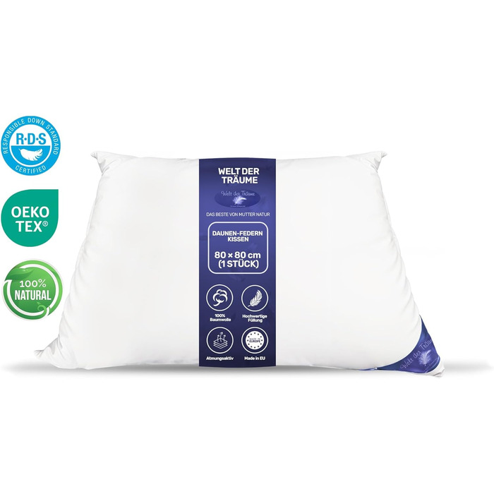 Пухова подушка Світ мрій з 1 пухом 3-камерна подушка Трикамерна подушка 80x80 см Вага наповнювача 1400 грамів Чохол 100 бавовна Пухова подушка Не вищипує живих істот Білий