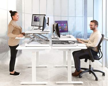 Стіл-конвертер Seville Classics 90 см з пневматичним регулюванням висоти сидячи-стоячи з газовою пружиною, металевий, білий 90 см x 59 см пневматичний білий