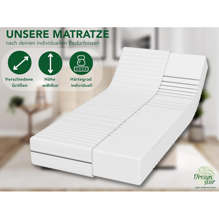 Матрац DREAMSTAR Vital Silver XXL з холодної піни, висота 24 см Ергономічний 7-зонний матрац, 140 x 200 см, рівень жорсткості H2 Гіпоалергенний та антибактеріальний Знімний чохол, який можна прати Сертифіковано Oeko-Tex (24 см, 140 x 200 см) рівень жорстк