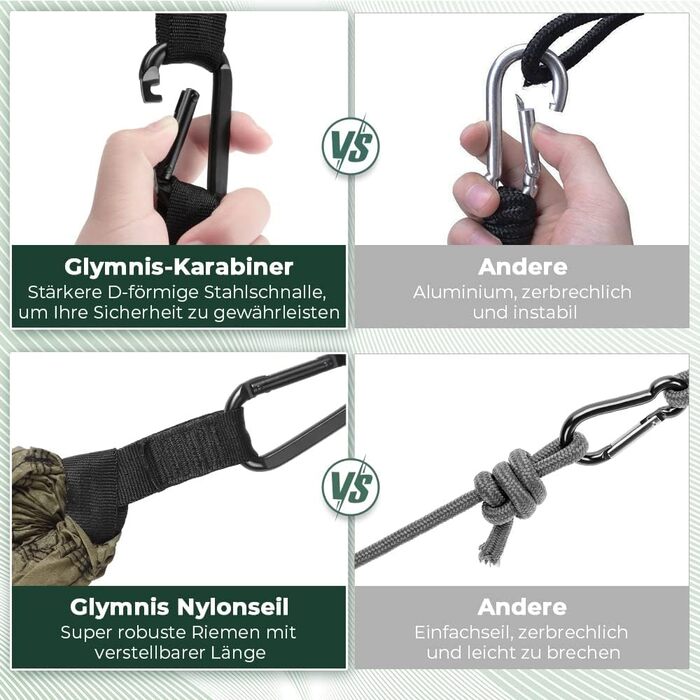 Ультралегкий гамак для подорожей Glymnis з підвісними тросами та сталевими карабінами, вантажопідйомність до 300 кг