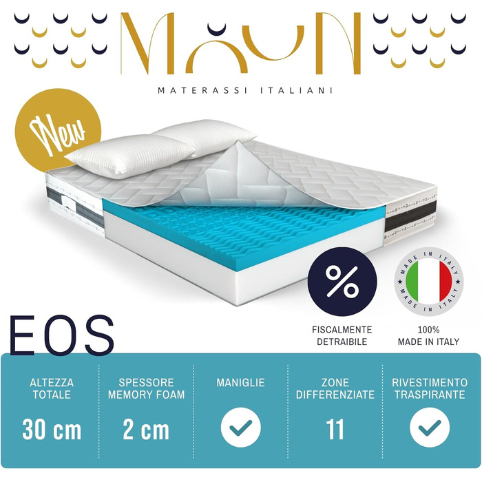 Матрац для двоспального ліжка 160 x 190 см, піна з ефектом пам&39яті, висота 30 см, 2 подушки в комплекті, ортопедичний, стійкий до кліщів, гіпоалергенний, вакуумна упаковка 160x190 см Matrimoniale H30