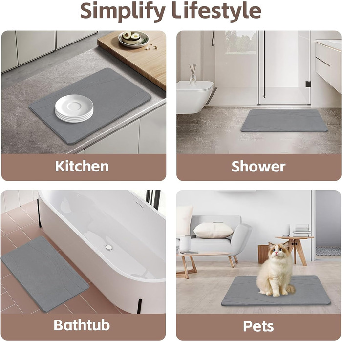 Килимок для ванни з каменю, діатомовий килимок для душу, швидковисихаючий килимок для душу, нековзний, абсорбуючий килимок для ванної кімнати, для підлоги у ванній кімнаті, кухонних стільниць, посуду, рослин або домашніх тварин, темно-сірий