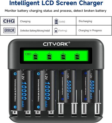 Акумуляторні батареї CITYORK D Cell 10000mAh з 8 слотами для заряджання NI-MH батарейок типу AA, AAA, CD (зарядний пристрій та 6 батарейок типу D)