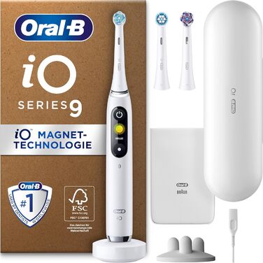 Електрична зубна щітка/електрична зубна щітка Oral-B iO Series 9 Plus Edition, ПЛЮС 3 щітки з відбілюванням, магнітний футляр, 7 режимів чищення, упаковка, що підлягає переробці, подарунок чоловік/жінка, білий білий (КАРТОННА УПАКОВКА)