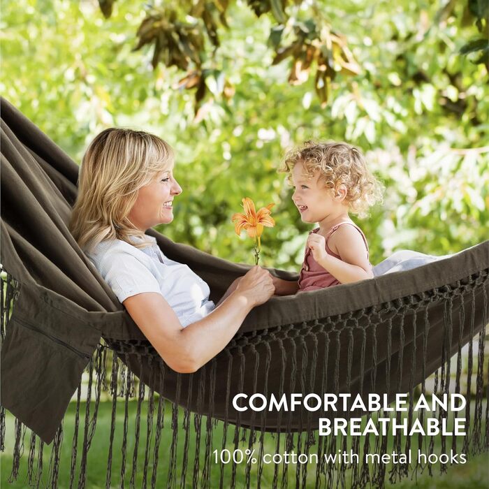 Бавовняний гамак для вулиці та дому - 220 x 115 см - Гамак з тканини в стилі бохо - Гамак для саду або балкону - Вуличний гамак - Темно-сірий